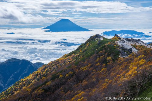 観音岳から見る薬師岳の紅葉と富士山