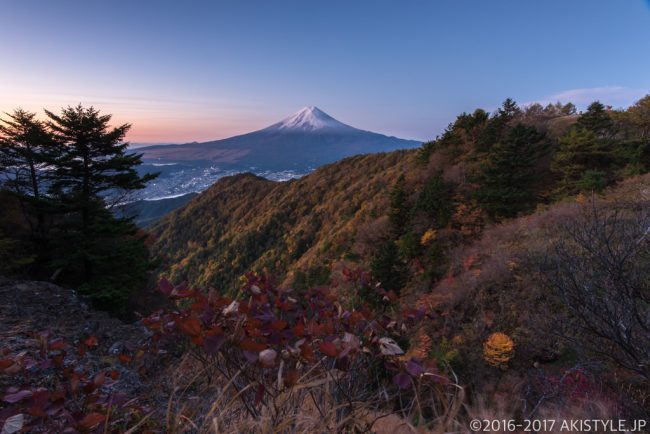 三ツ峠山で初冠雪の富士山と紅葉