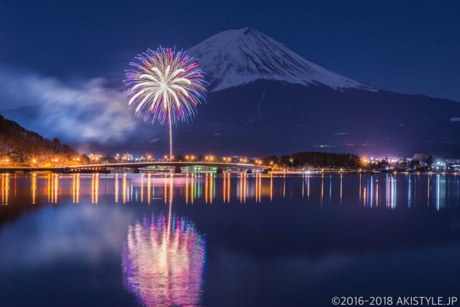 河口湖の花火と富士山