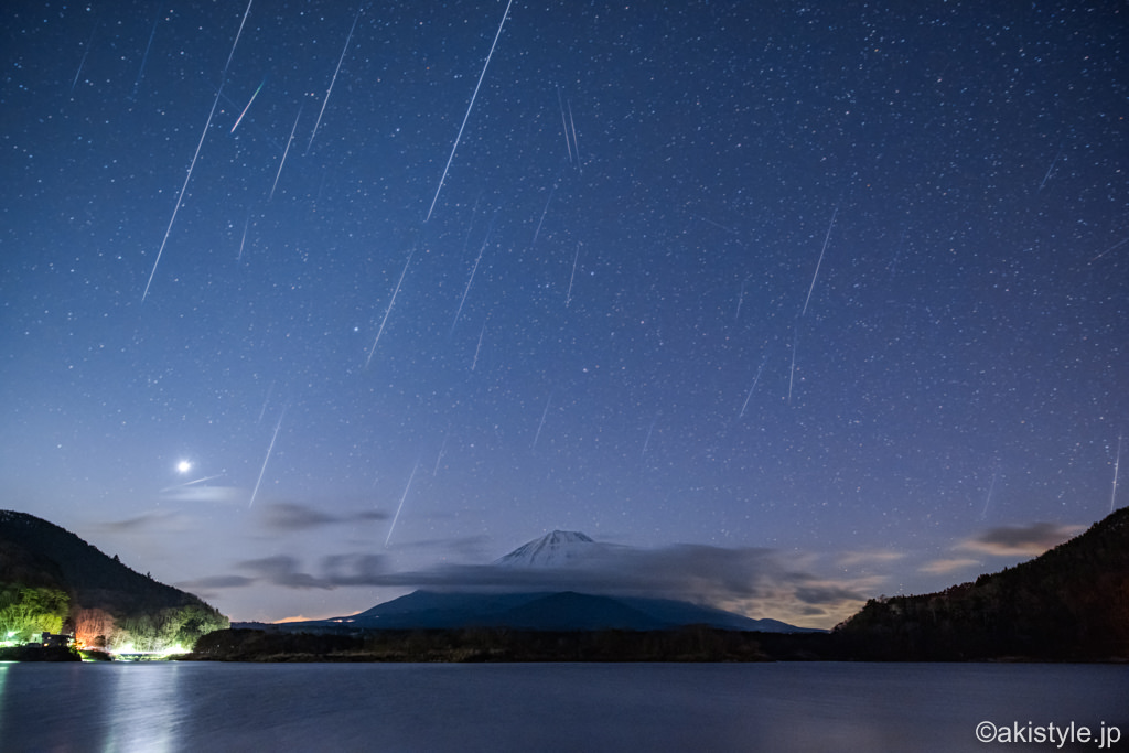 精進湖でふたご座流星群と富士山