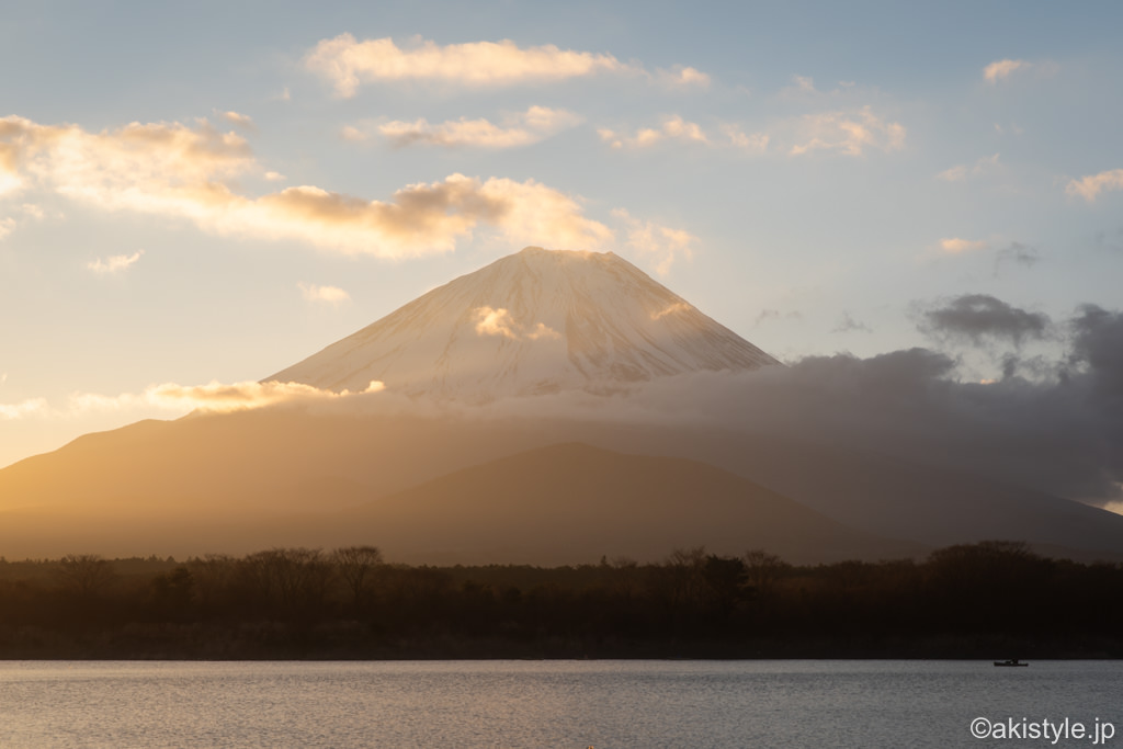 精進湖で朝焼けと富士山